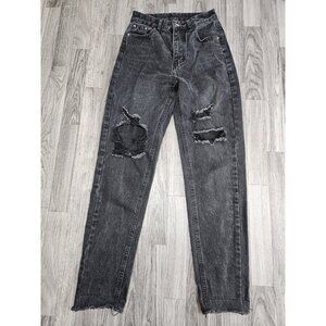 (3/$35) SHEIN Jeans Womens XS Black Distressed High Rise Straight Leg Frayed Hem